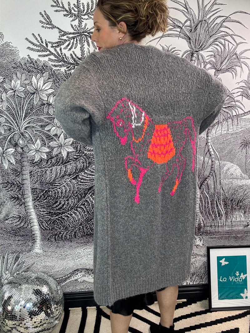 Paige Longline Open Cardigan with Neon Horse Motif