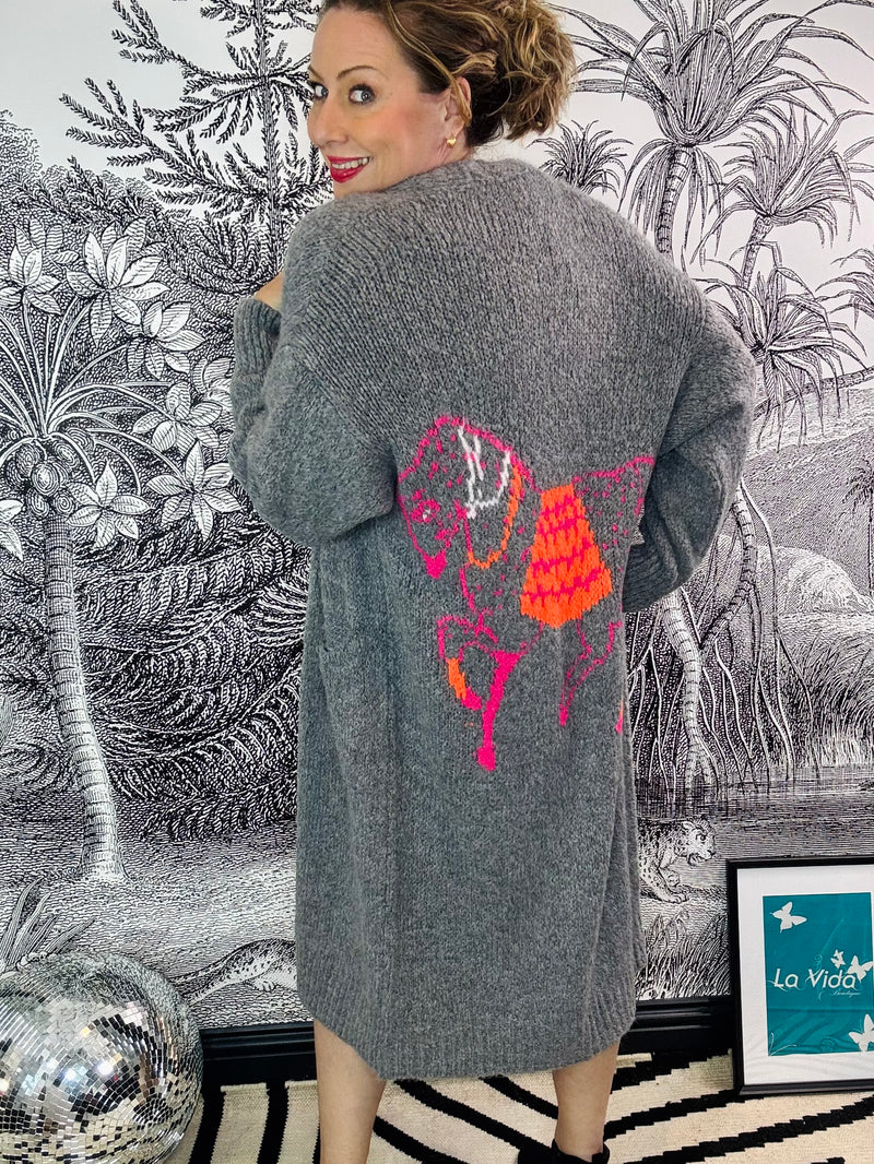 Paige Longline Open Cardigan with Neon Horse Motif