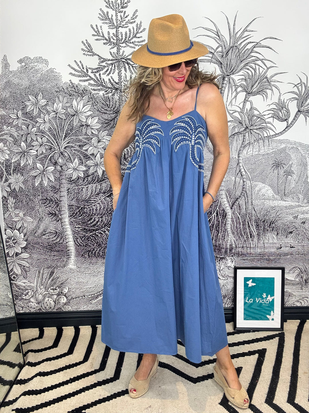Denim Blue Cotton Dress with Palm Tree Detail