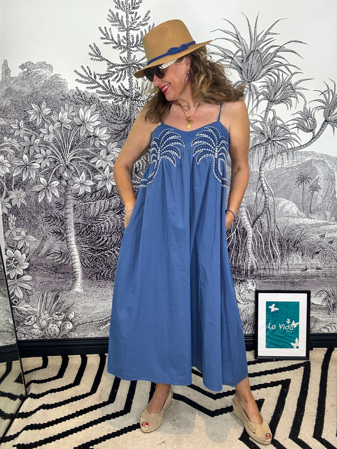Denim Blue Cotton Dress with Palm Tree Detail