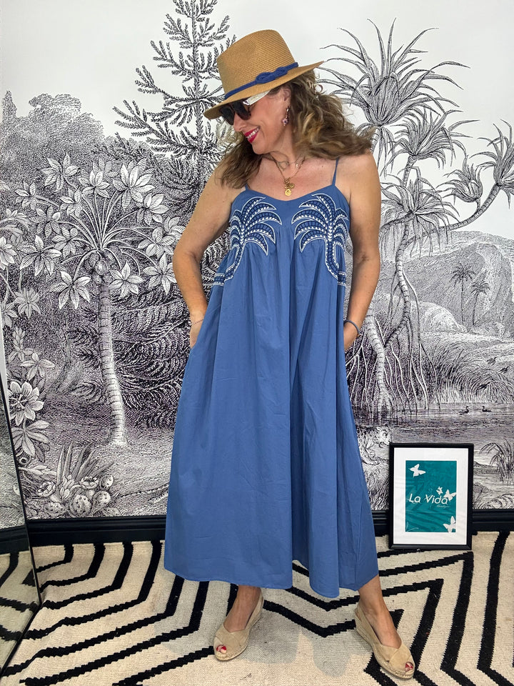 Denim Blue Cotton Dress with Palm Tree Detail