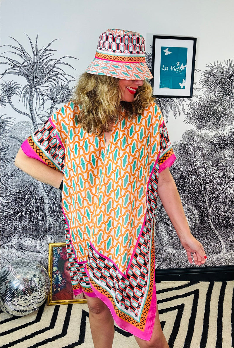 Geo Retro Print Kaftan & Bucket Hat Set