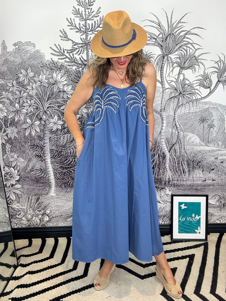 Denim Blue Cotton Dress with Palm Tree Detail