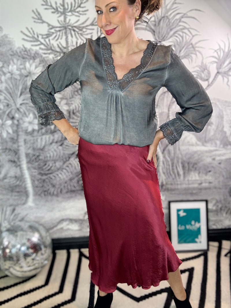 Mayfair Satin V Neck Lace Trim Top