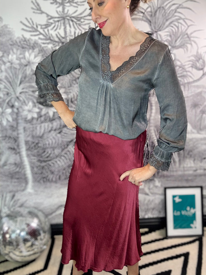 Mayfair Satin V Neck Lace Trim Top