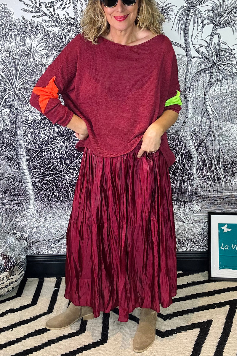 Bronya Shiny Crinkle Satin Midi Skirt
