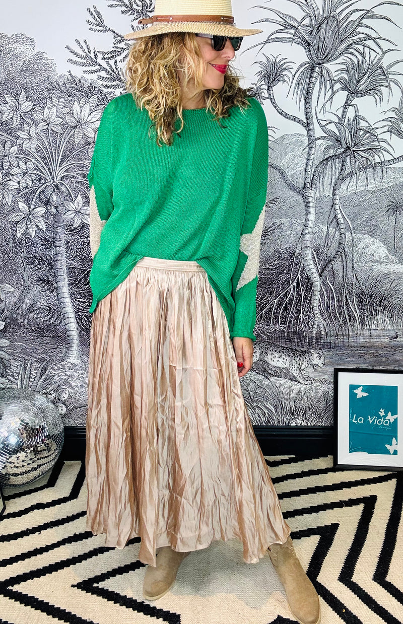 Bronya Shiny Crinkle Satin Midi Skirt