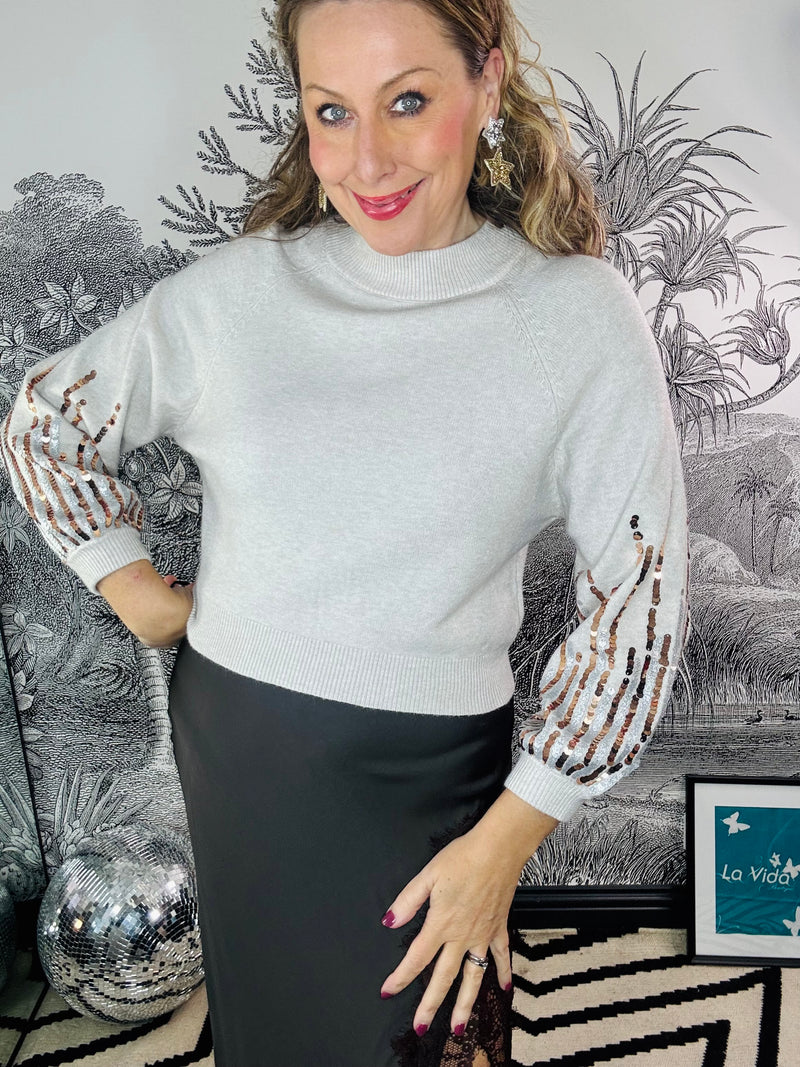 Jody Shorter length Fine Knit Jumper with Sequin Sleeve Detail