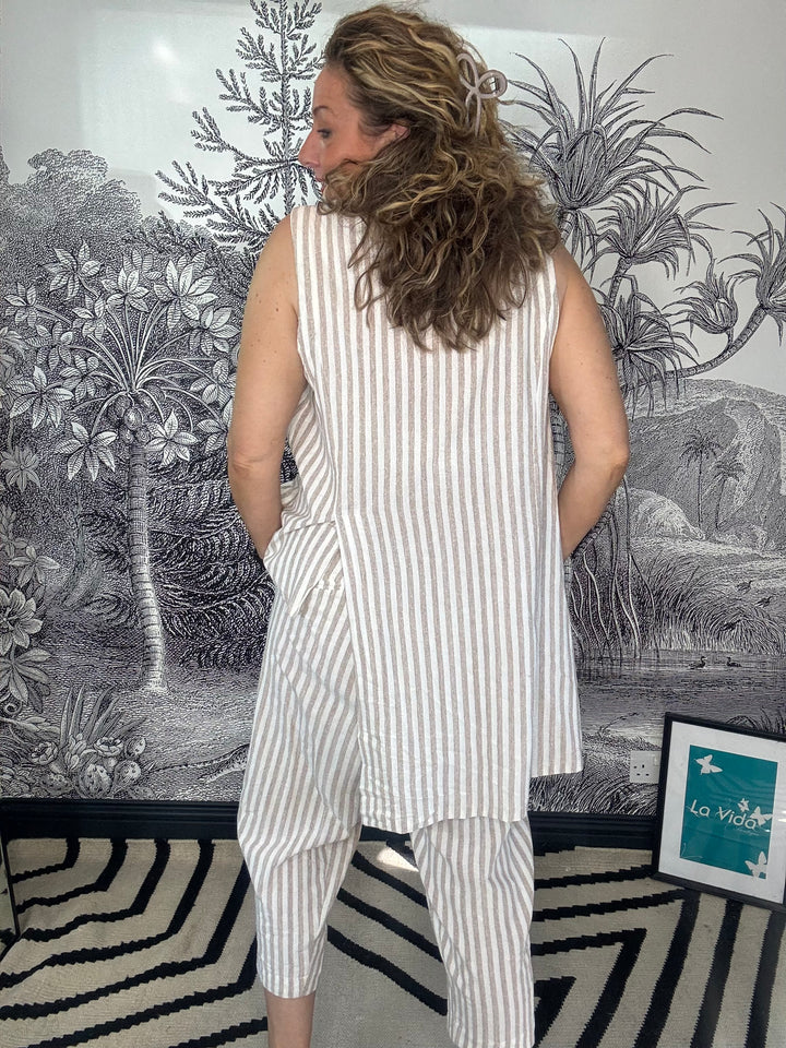 Salamanca Stripe Linen Blend Asymmetric Tunic Waistcoat Top