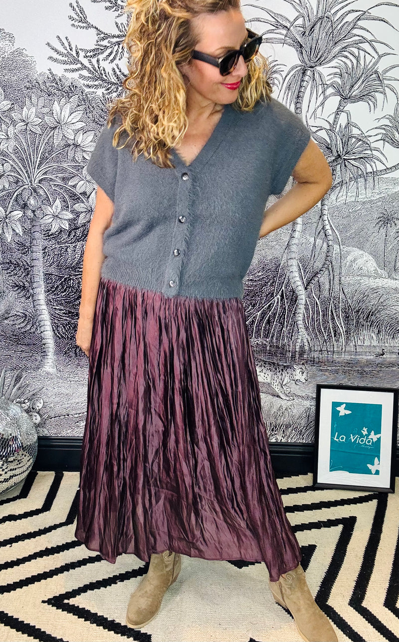 Bronya Shiny Crinkle Satin Midi Skirt