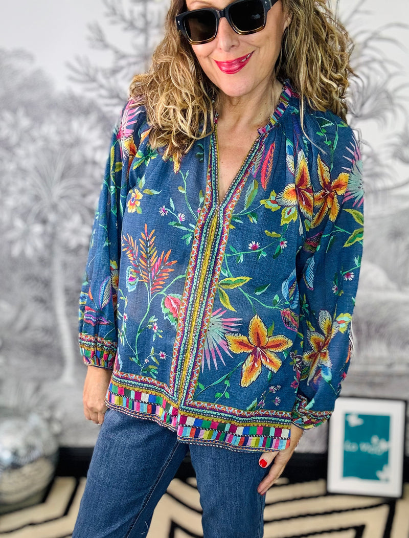 Art Floral Blouse in Denim Blue