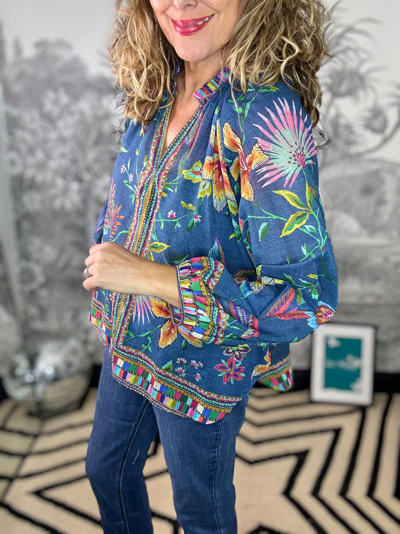 Art Floral Blouse in Denim Blue