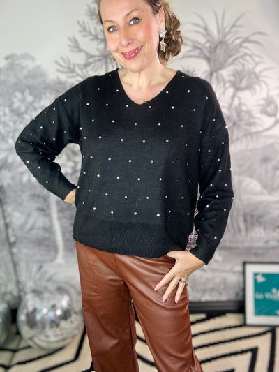 Jayla Crystal Front Knit V-Neck Jumper