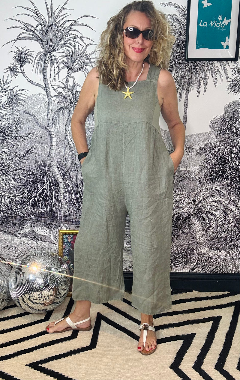 Raya Linen Dungarees with Ribbed Panel