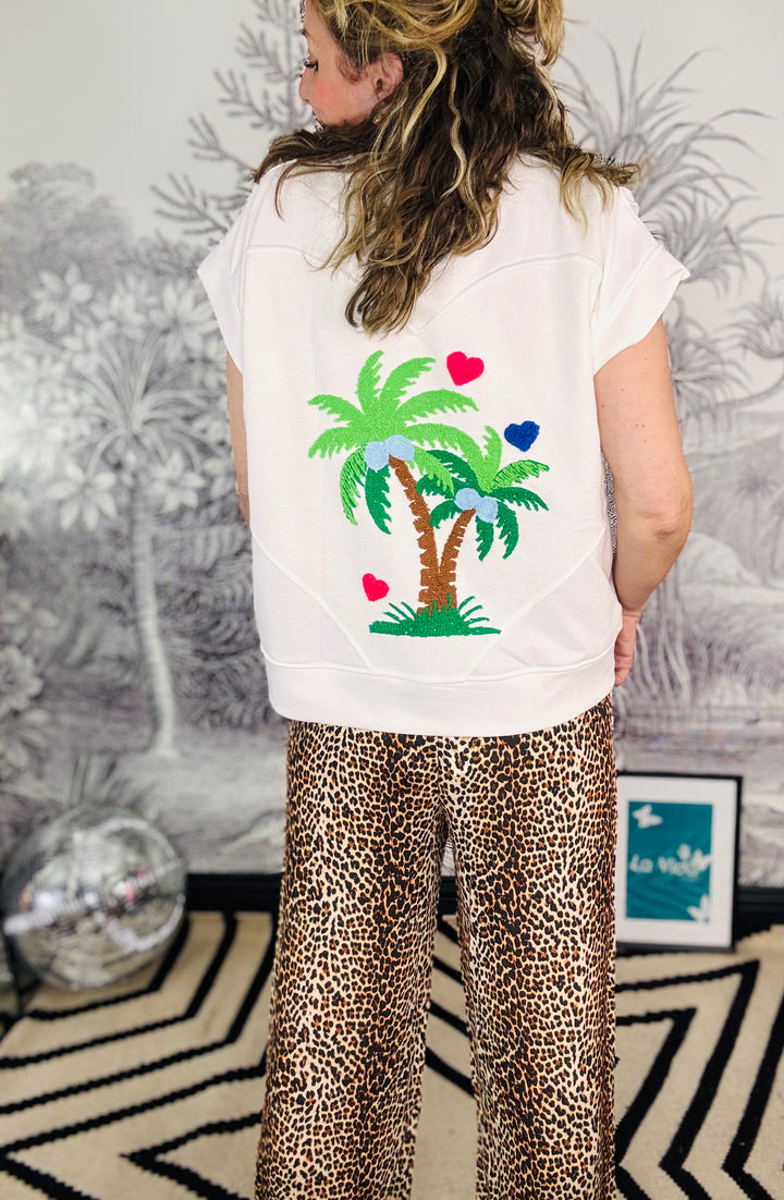 Tammy Tropical Embroidered Cap Sleeve Sweatshirt in White