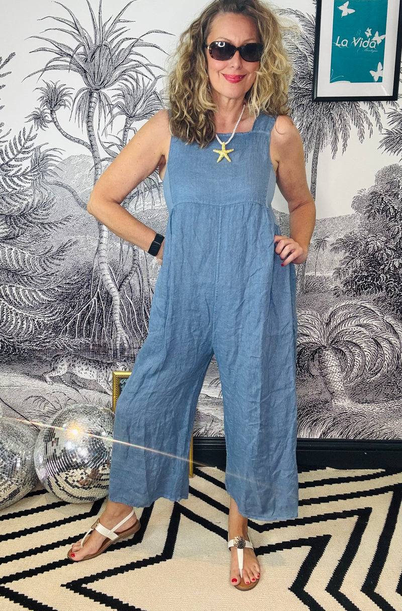 Raya Linen Dungarees with Ribbed Panel