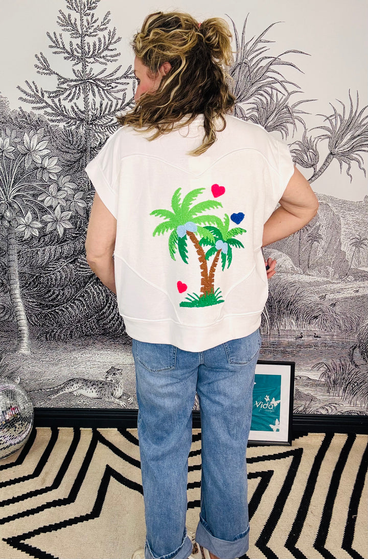 Tammy Tropical Embroidered Cap Sleeve Sweatshirt in White