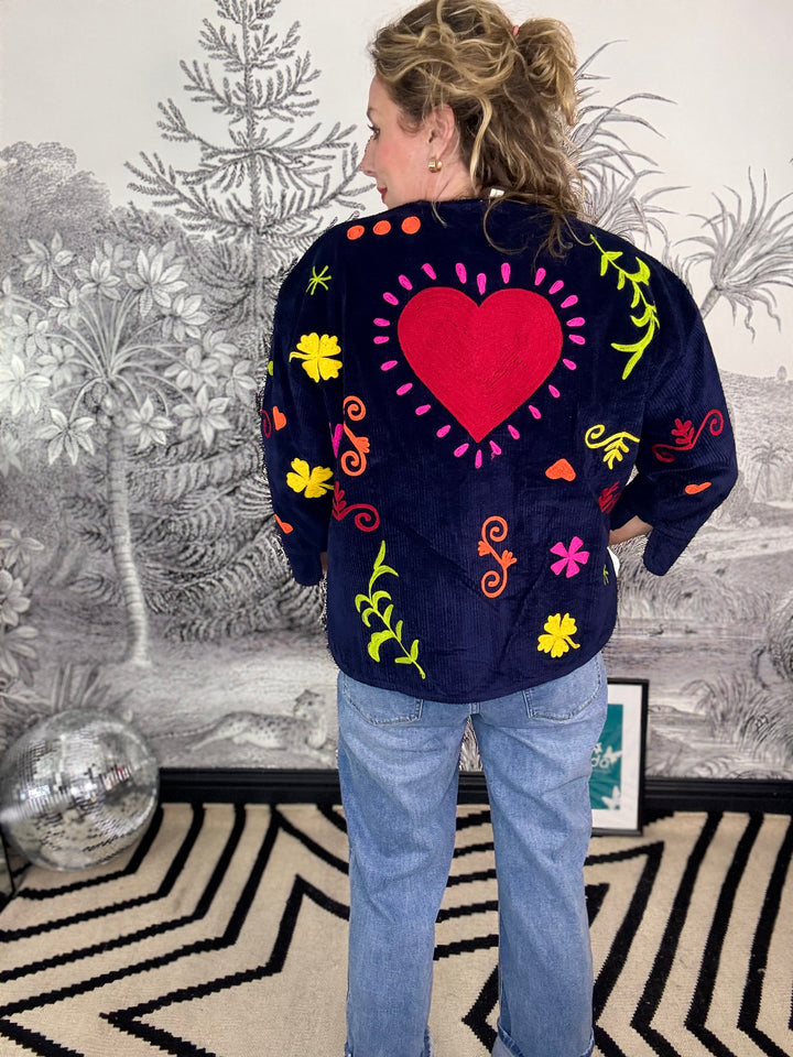El Corazon Blue Velvet Suzani Button Up Jacket