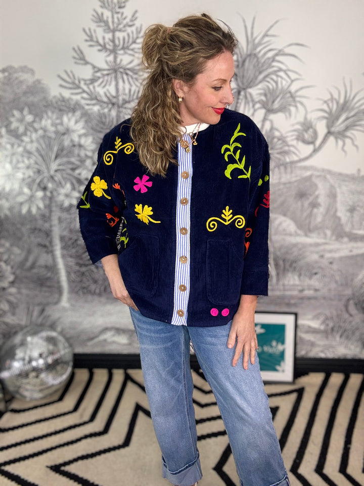 El Corazon Blue Velvet Suzani Button Up Jacket