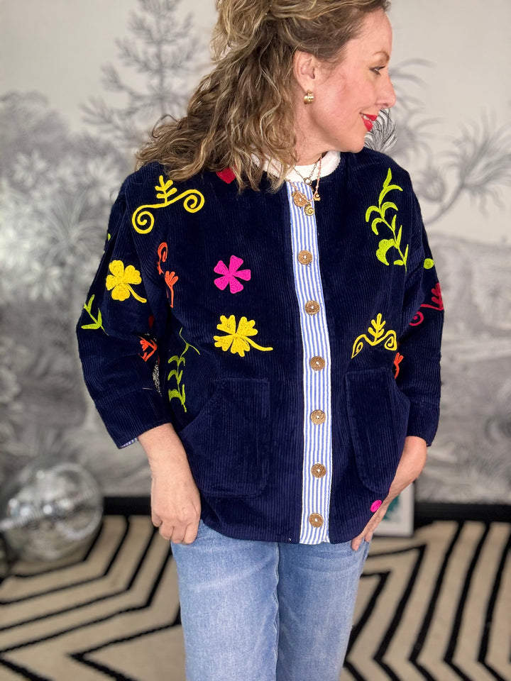 El Corazon Blue Velvet Suzani Button Up Jacket