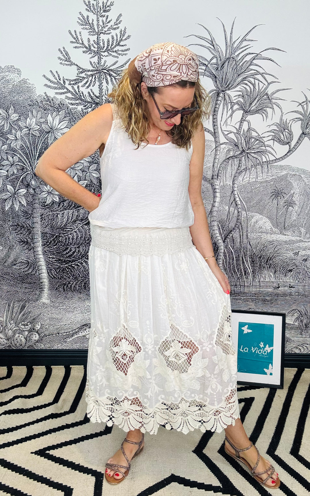 Cici Cut Out Crochet Midi Skirt