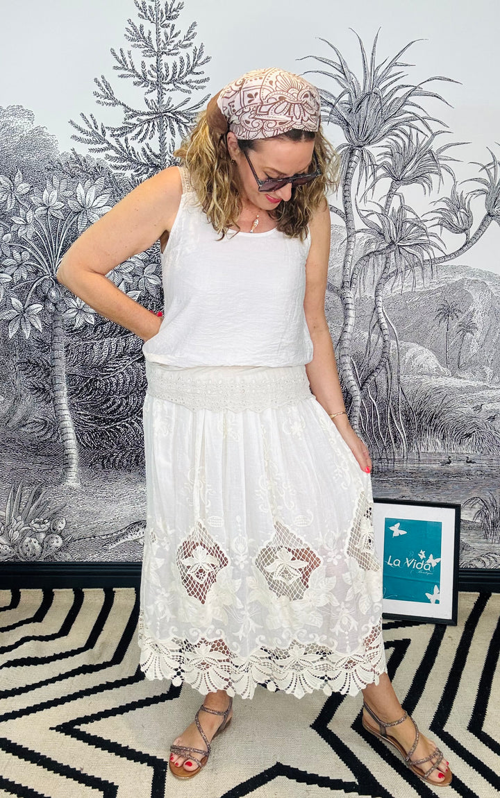Cici Cut Out Crochet Midi Skirt