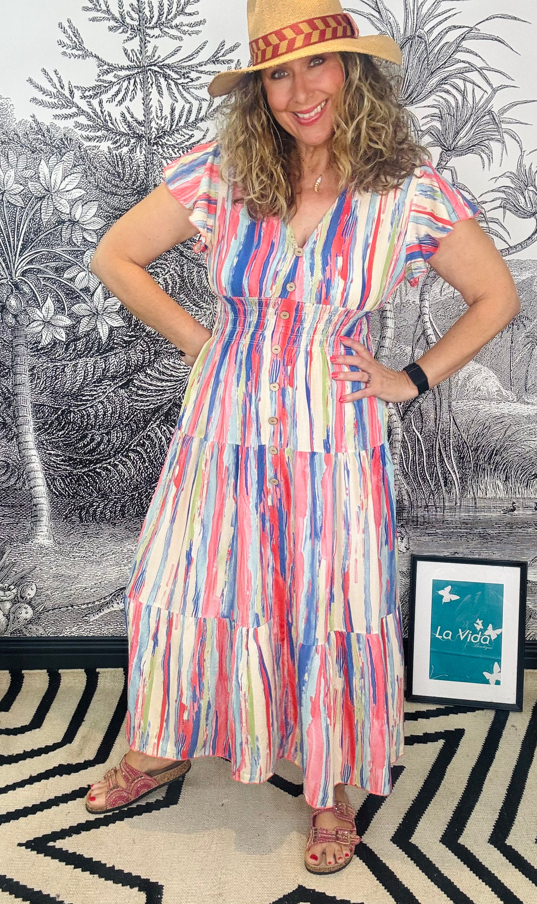 Villamartin Abstract Stripe Print Maxi Dress
