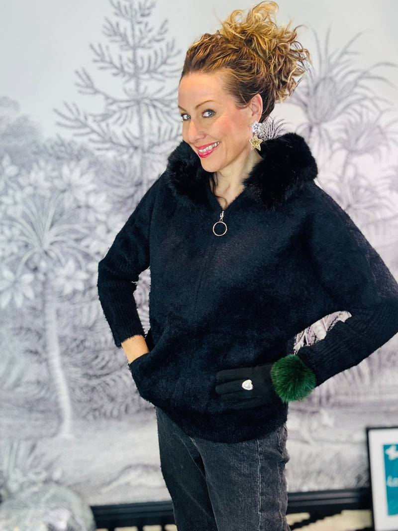 Rowan Knitted Hoodie with Faux Fur Trim