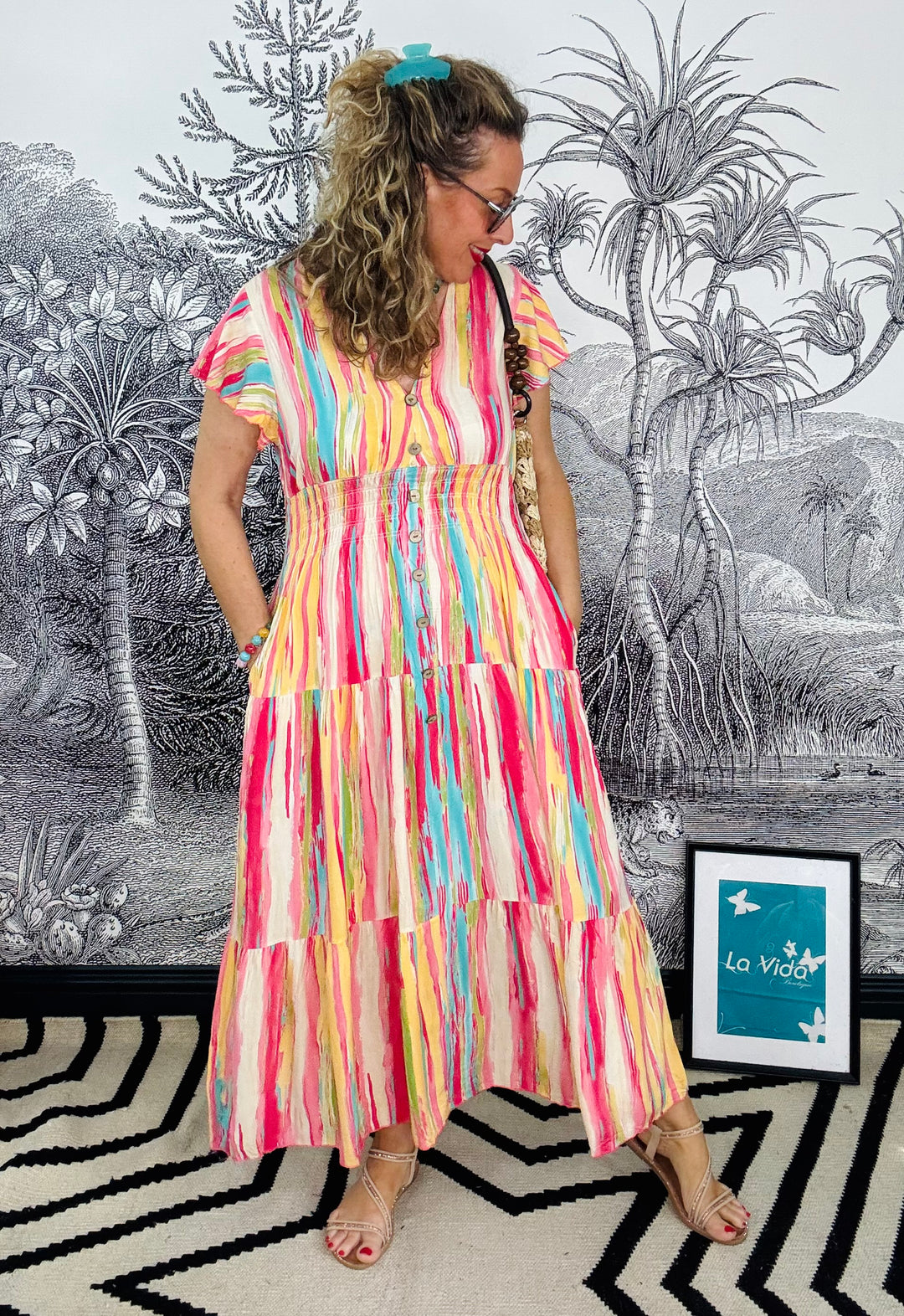 Villamartin Abstract Stripe Print Maxi Dress