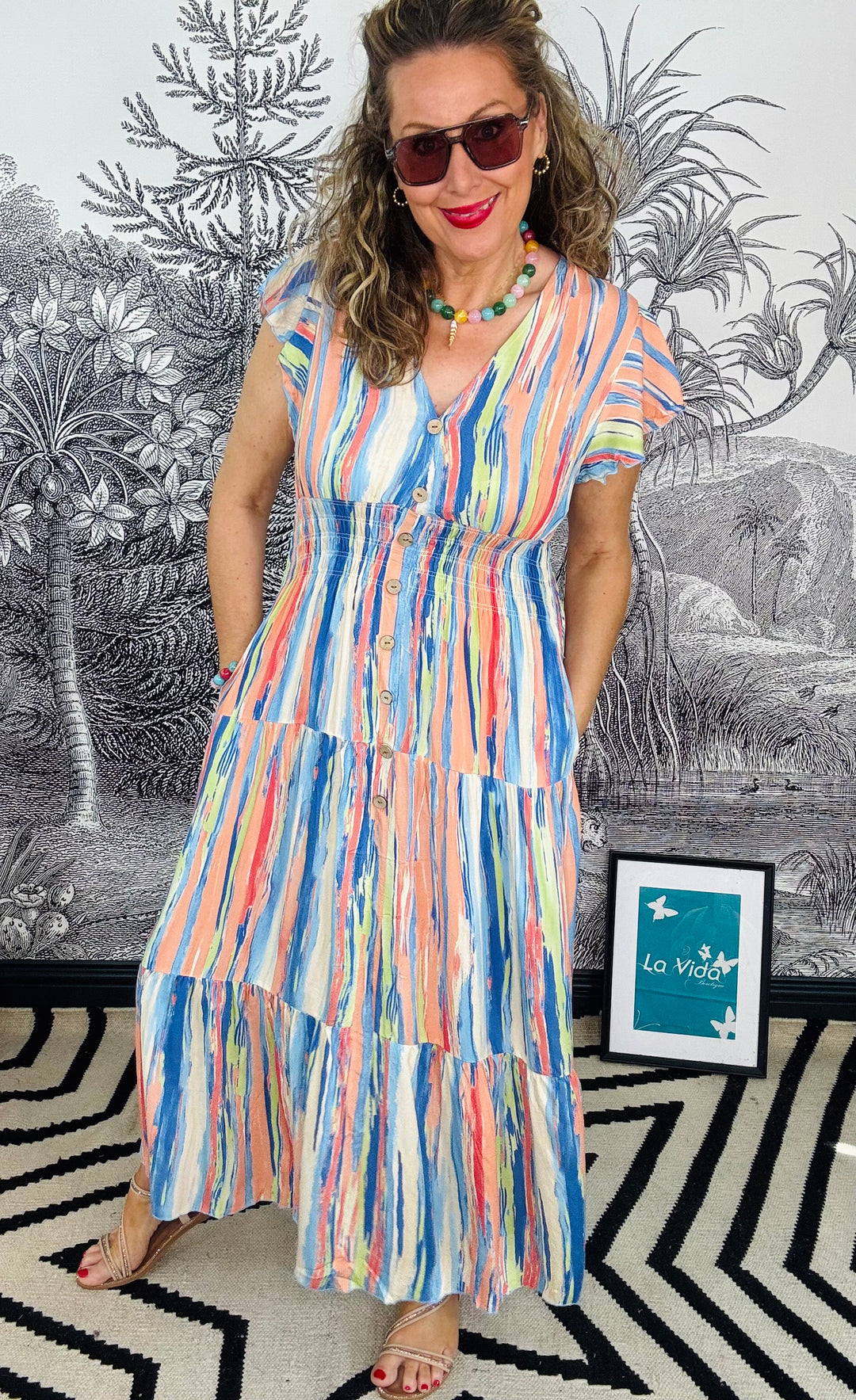 Villamartin Abstract Stripe Print Maxi Dress