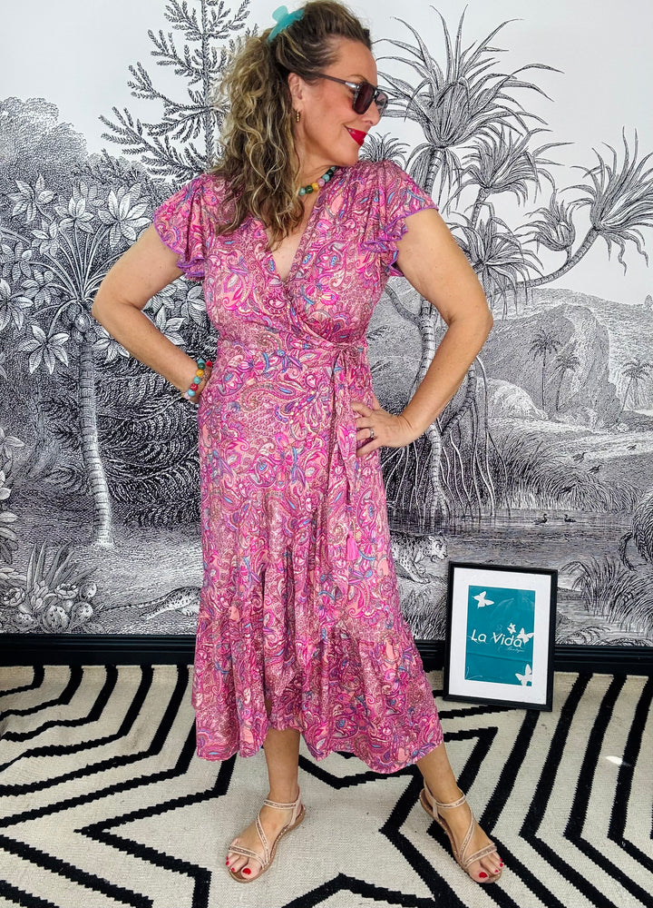 Luna Flared Wrap Dress in pink