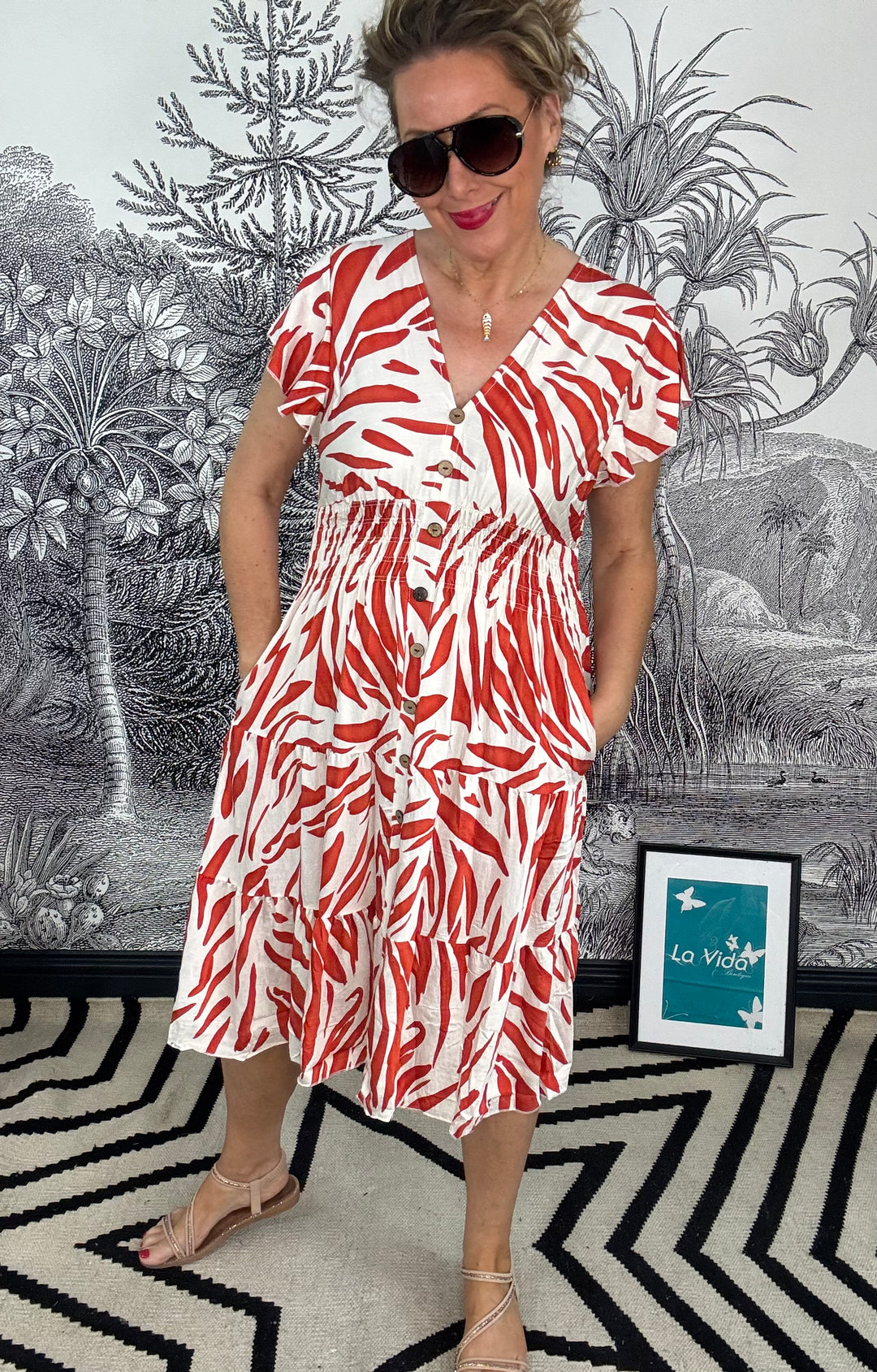 Algarve Abstract Angel Sleeve Print Midi Dress