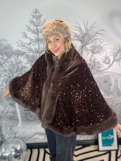 Saran Sequin Cape with Plush Trim