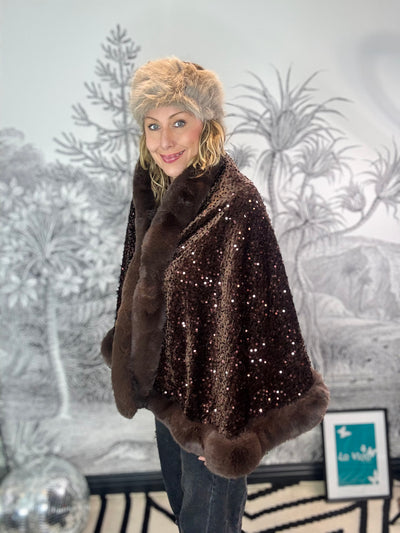 Saran Sequin Cape with Plush Trim