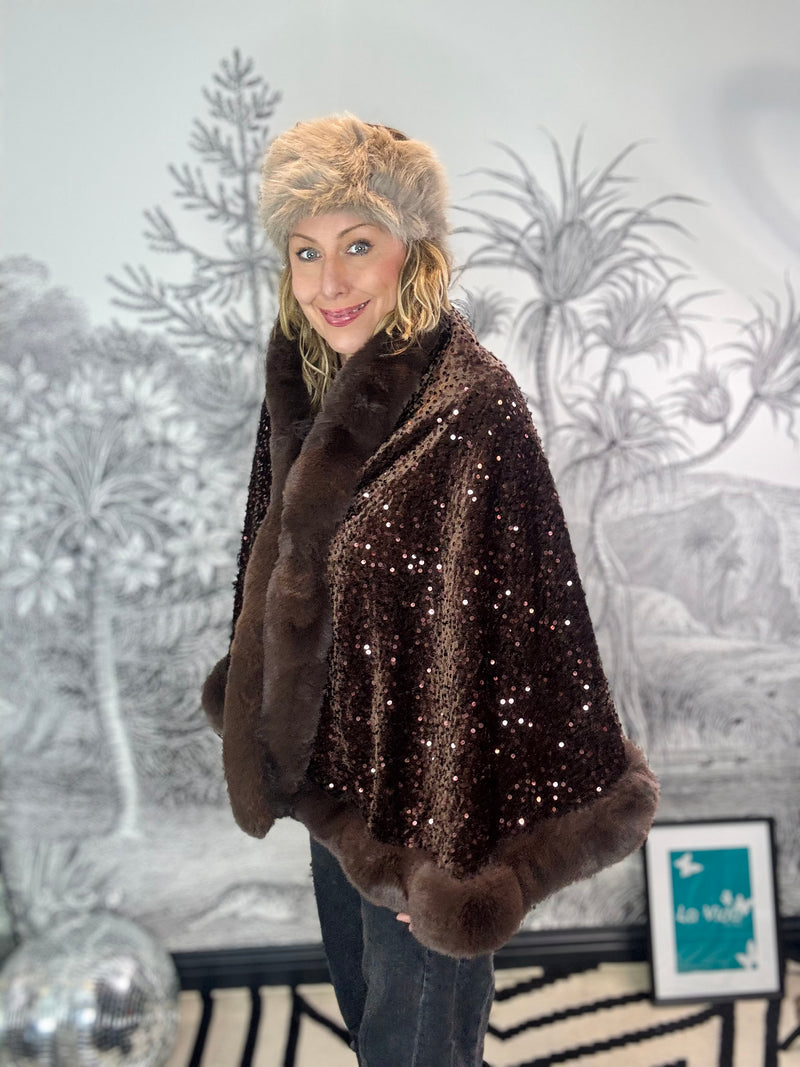 Saran Sequin Cape with Plush Trim