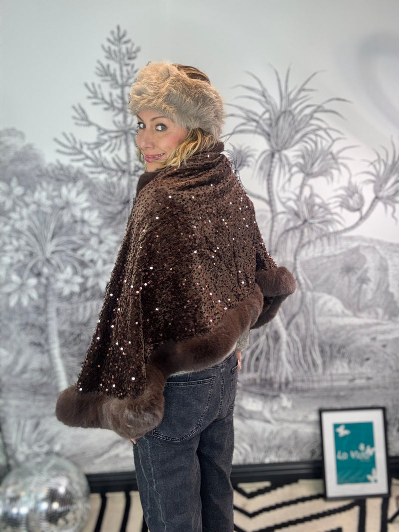 Saran Sequin Cape with Plush Trim