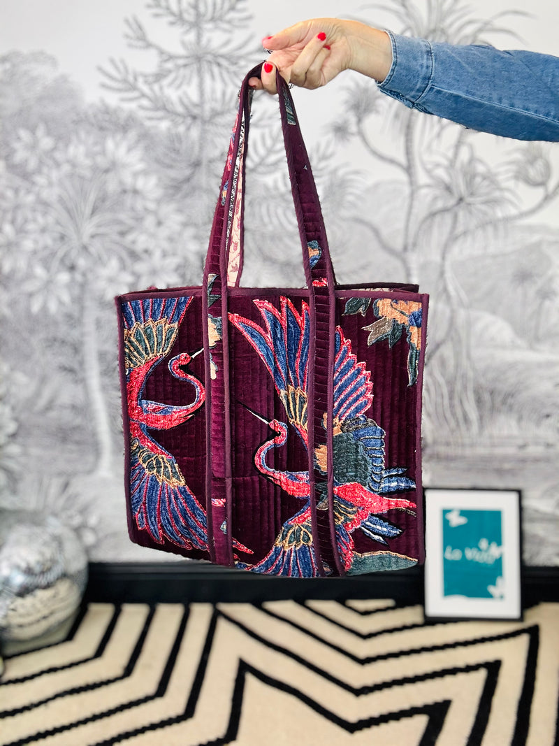 Crane Plum Large Velvet Tote Bag