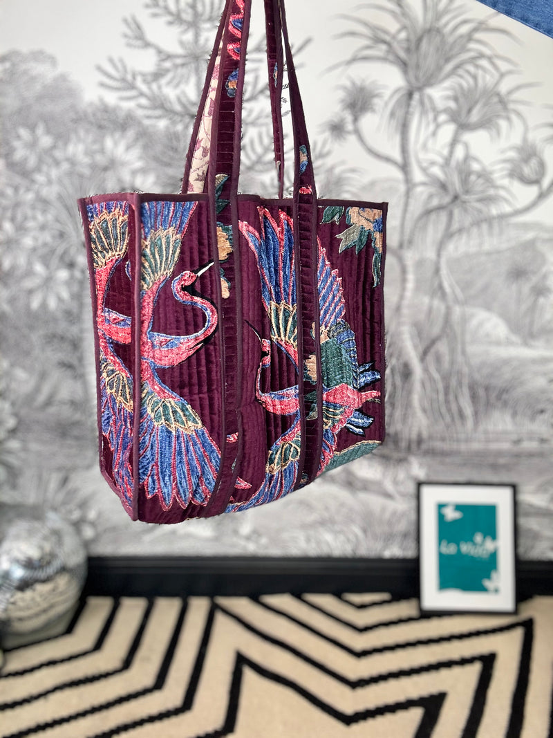 Crane Plum Large Velvet Tote Bag