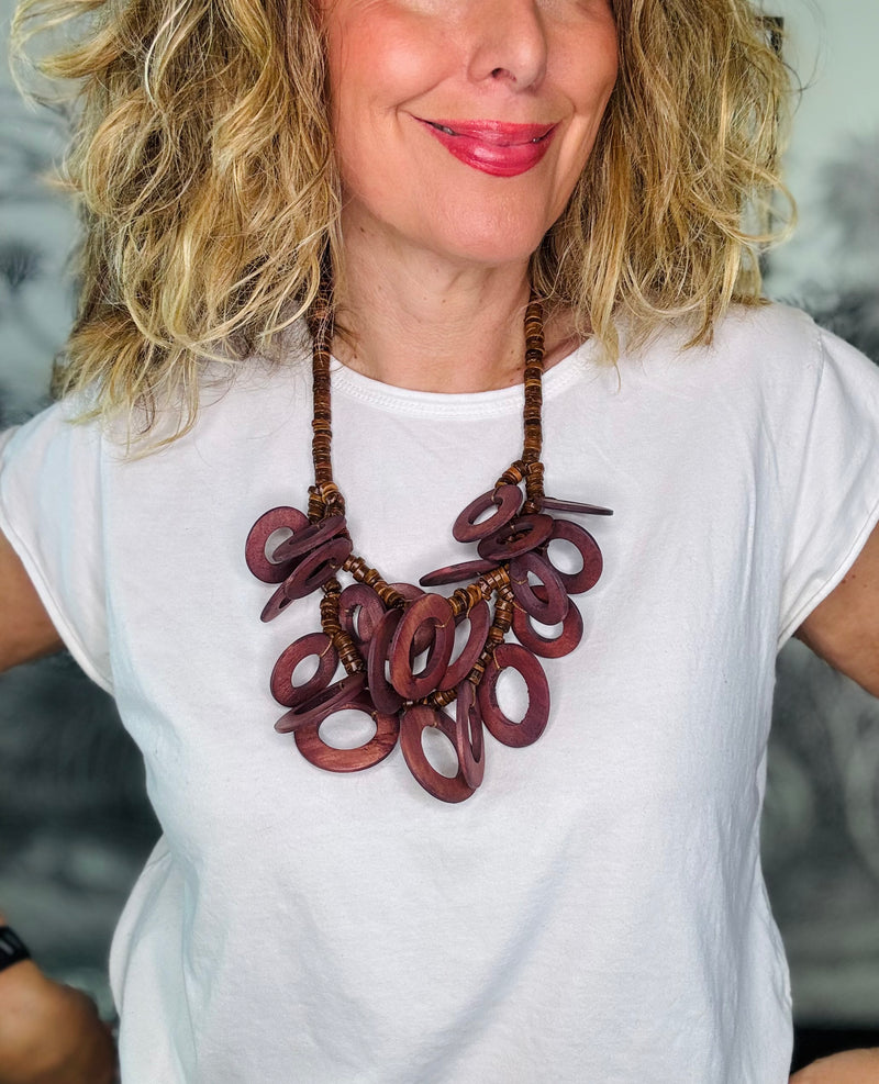 Statement Wooden Disc & Bead Necklace
