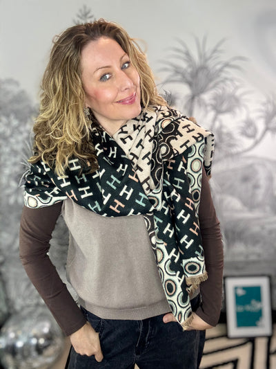 Monogrammed H Winter Scarf in Black/Beige