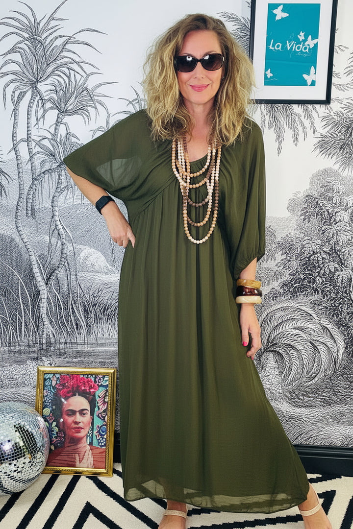 Celeste Draped V-Neck Silk Blend Maxi Dress