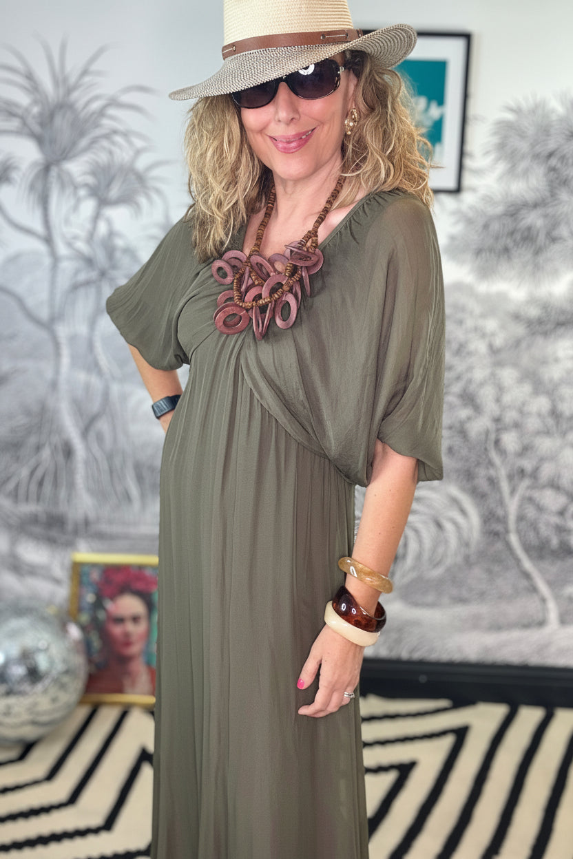 Celeste Draped V-Neck Silk Blend Maxi Dress