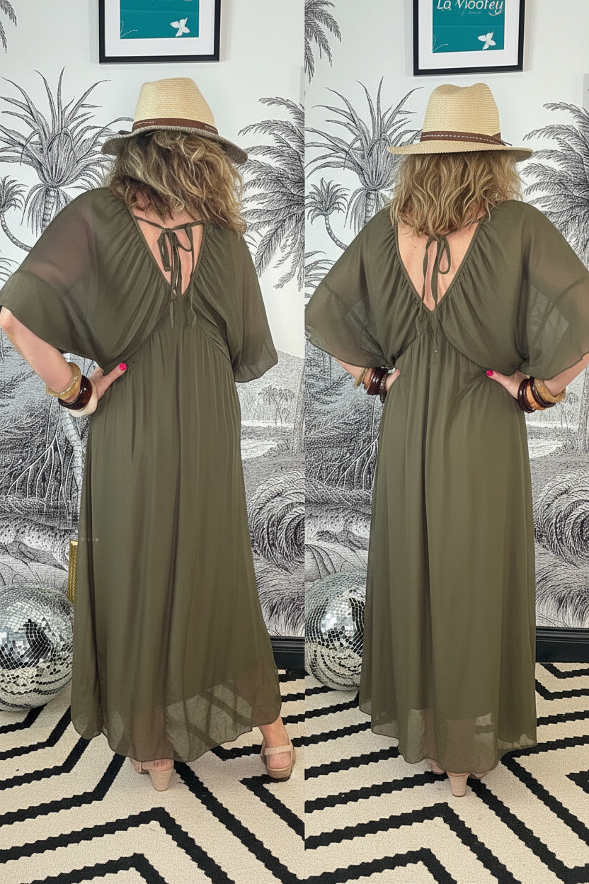 Celeste Draped V-Neck Silk Blend Maxi Dress