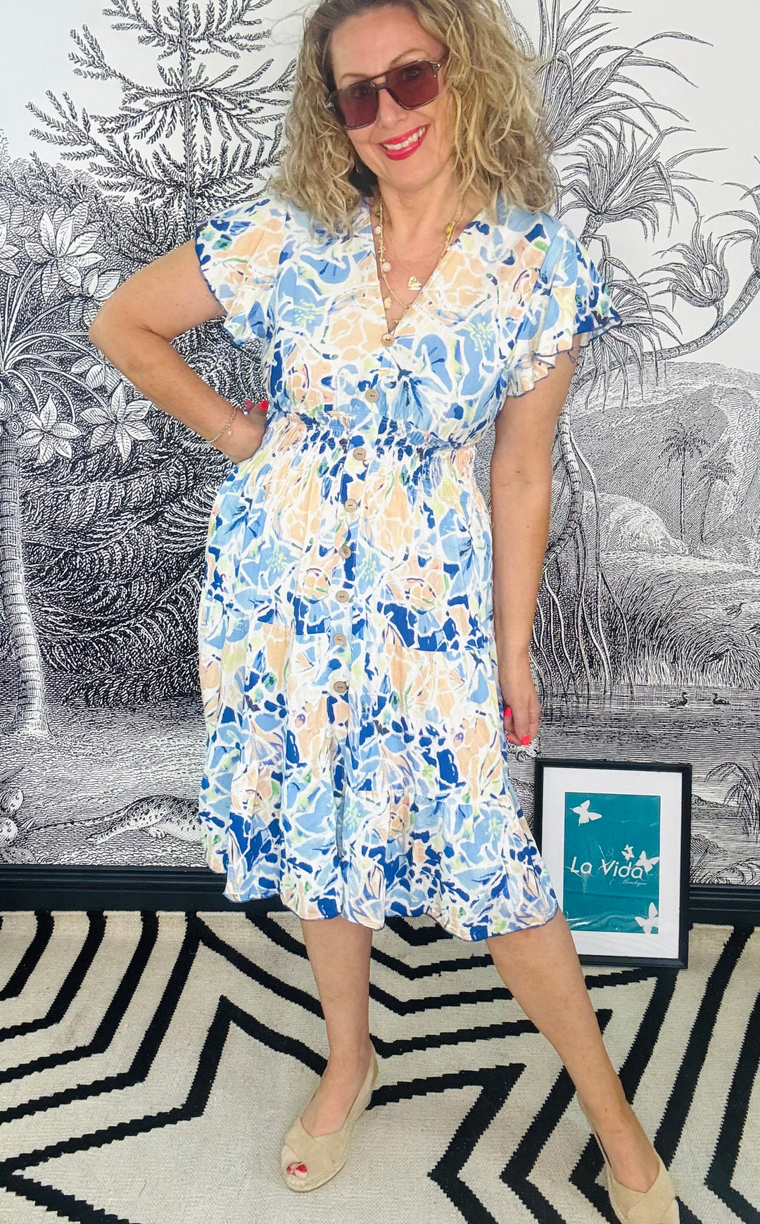 Firenze Floral Print Midi Dress with Flutter Sleeves