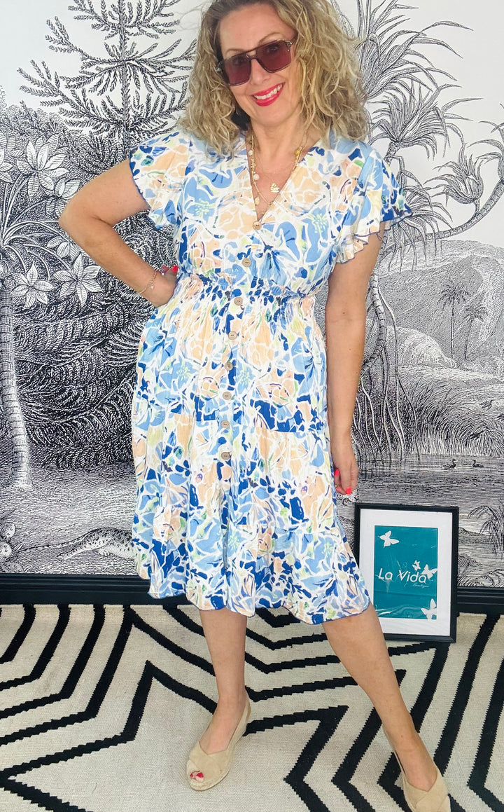 Firenze Floral Print Midi Dress with Flutter Sleeves