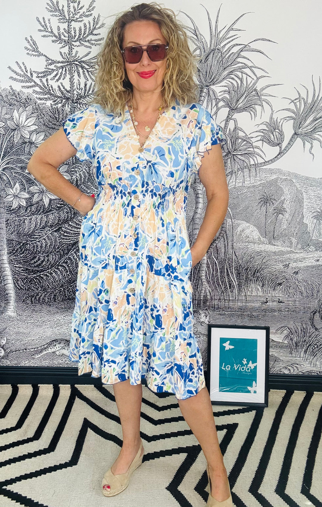Firenze Floral Print Midi Dress with Flutter Sleeves