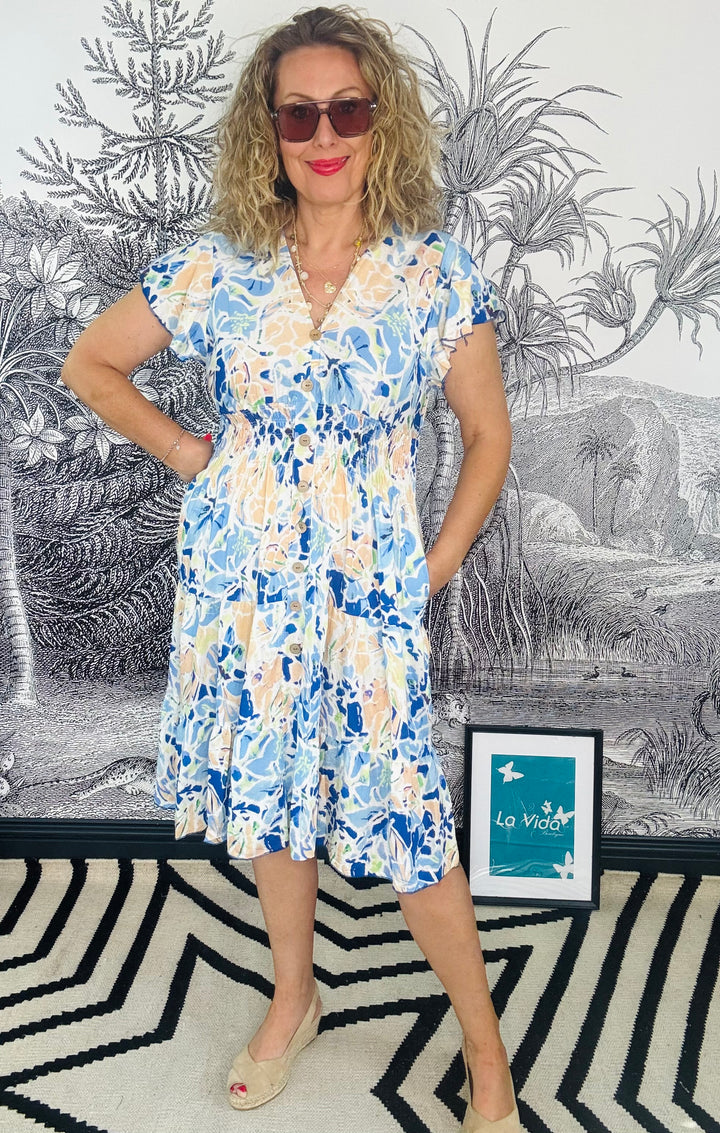 Firenze Floral Print Midi Dress with Flutter Sleeves
