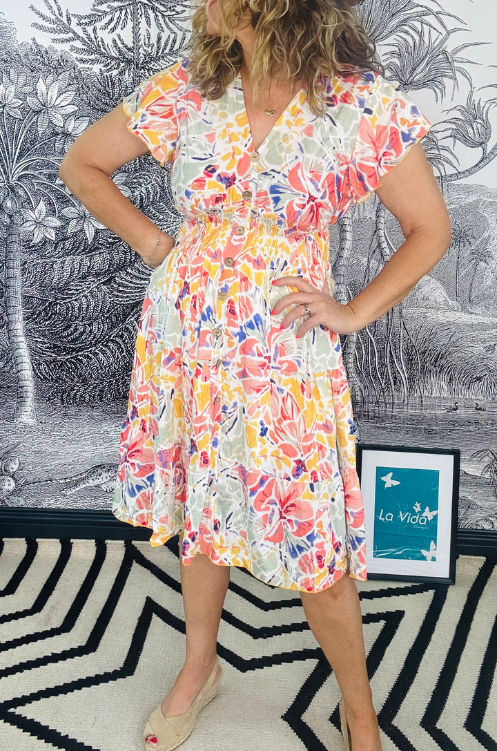 Firenze Floral Print Midi Dress with Flutter Sleeves