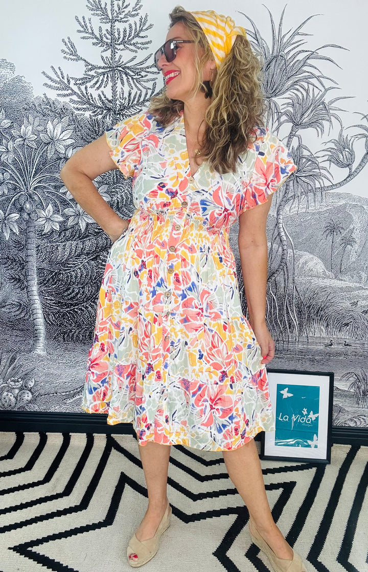 Firenze Floral Print Midi Dress with Flutter Sleeves