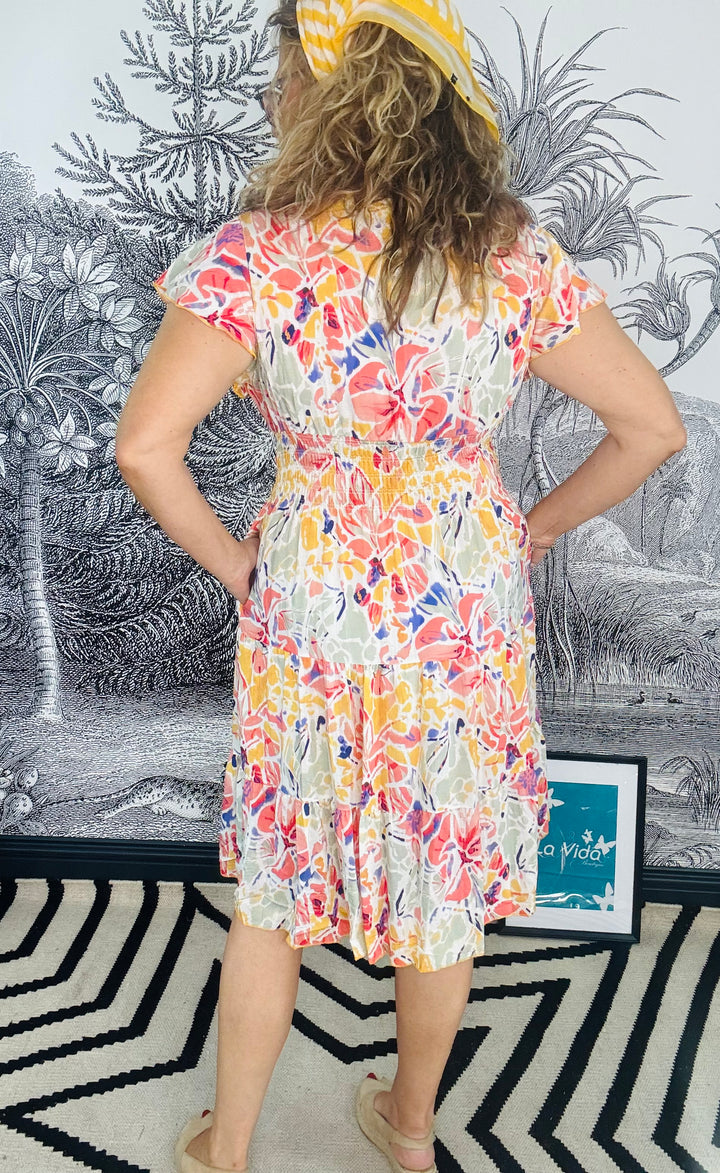 Firenze Floral Print Midi Dress with Flutter Sleeves